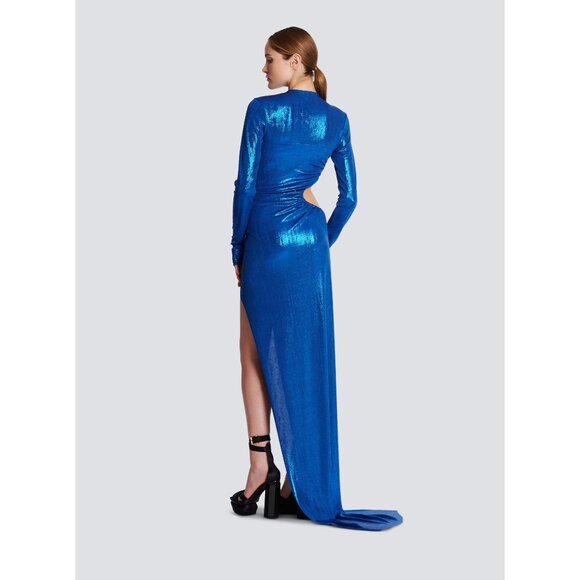 Balmain Womens Draped Laminated Jersey Long Dress in Bleu Electric 38 New Gown - Picture 15 of 16